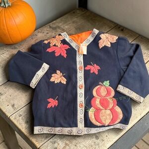 Kirklands Home Fall Pumpkin Leaf Applique Button Front Cardigan‎ Jacket Black OS